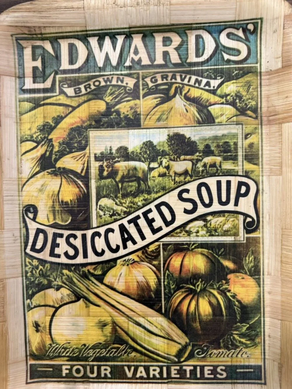 Vintage Edwards Desiccated Soup Advertising Ad Farmhouse Woven Bamboo Soup Tray